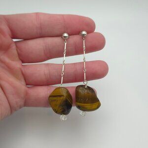 925 Sterling Silver Long Tiger's Eye Stone Dangle Earrings